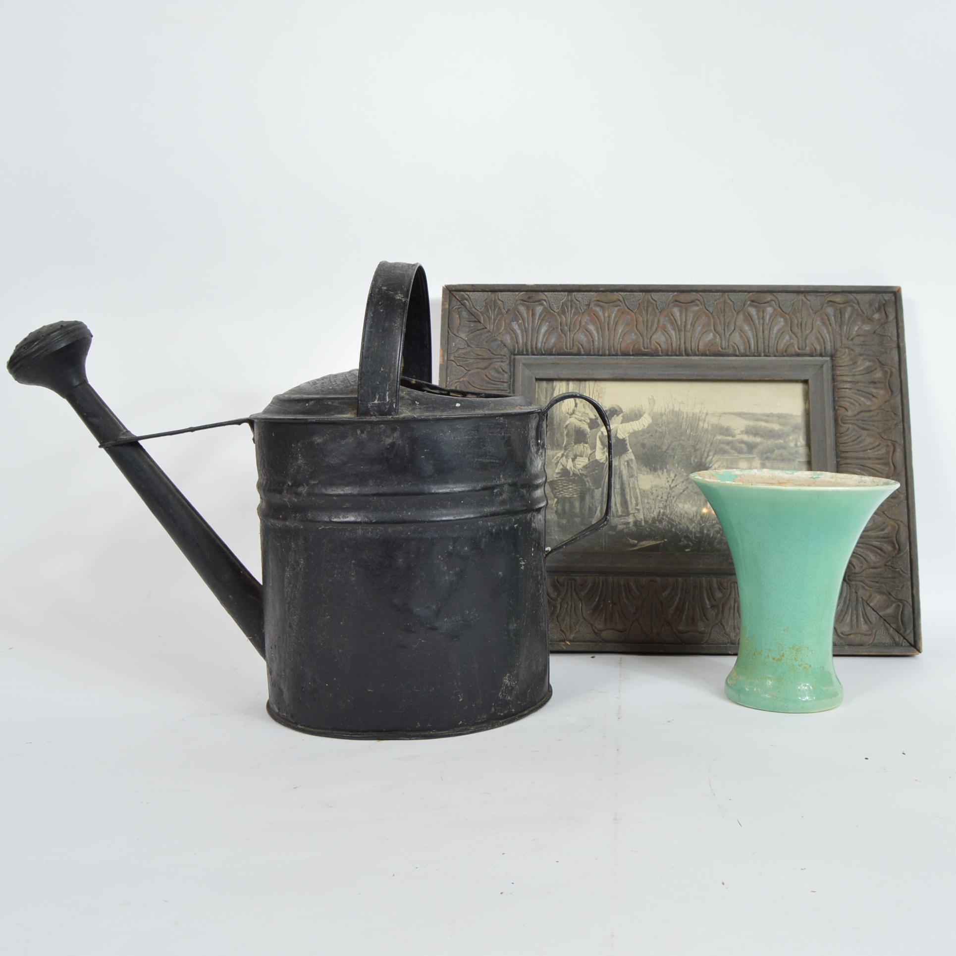 Vintage Watering Can, Green Vase, and Framed Print