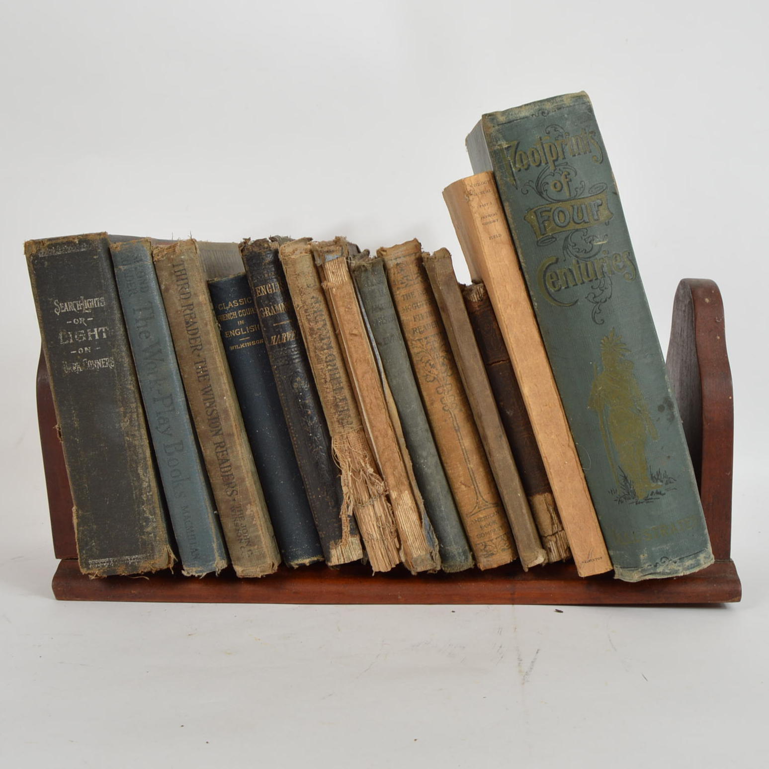 Antique and Vintage Educational Books and Wooden Bookshelf