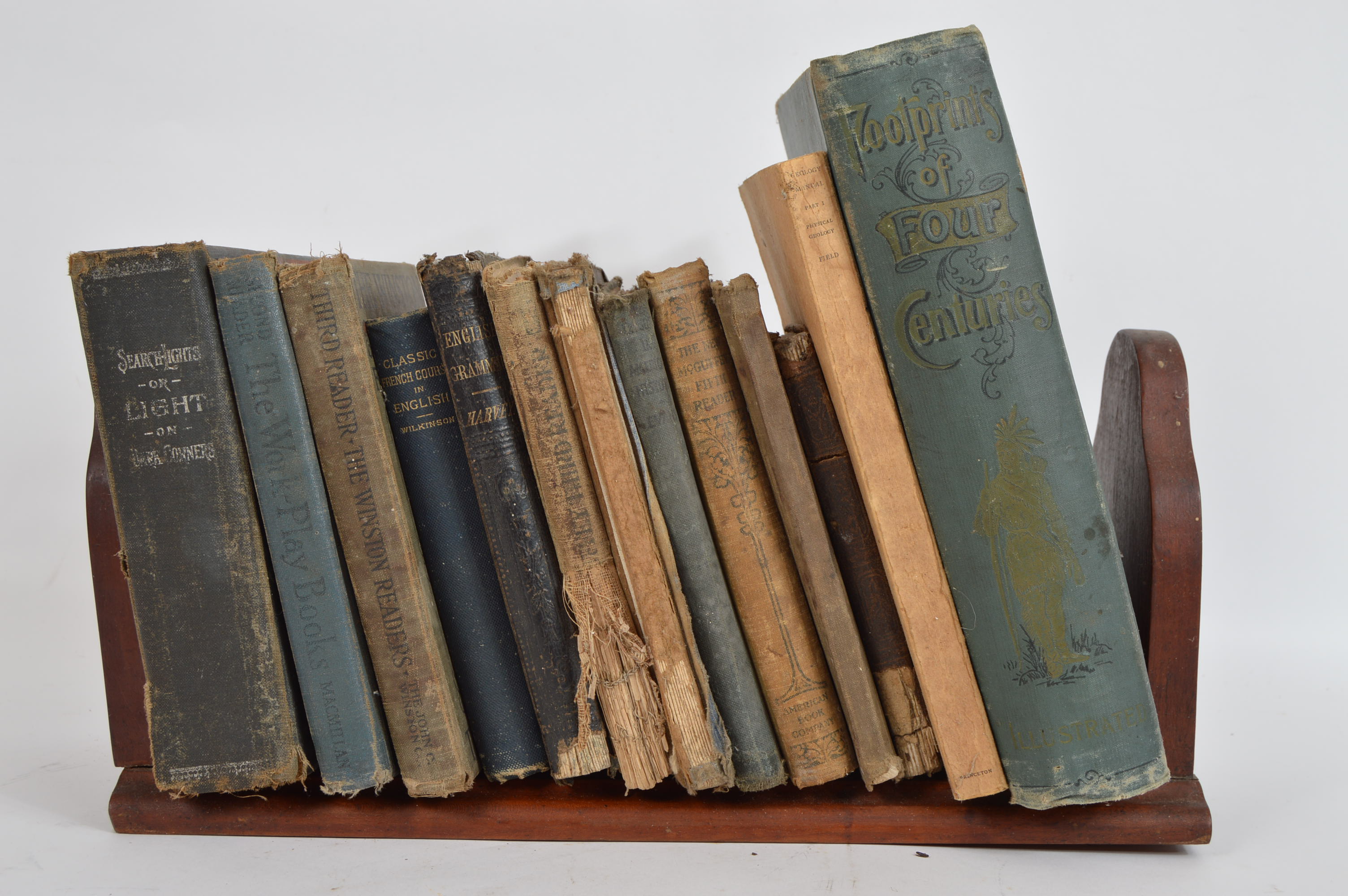 Antique and Vintage Educational Books and Wooden Bookshelf