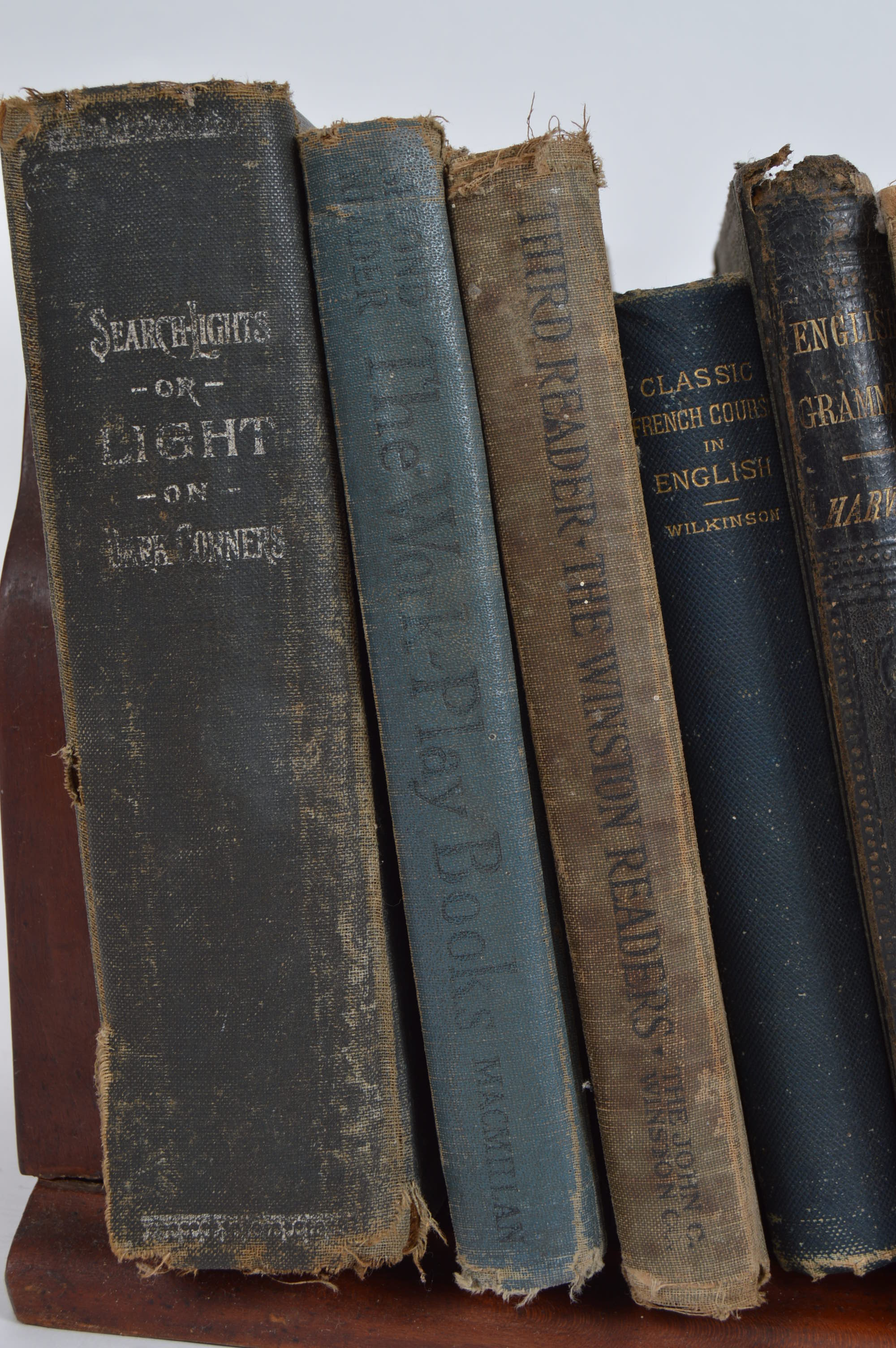 Antique and Vintage Educational Books and Wooden Bookshelf