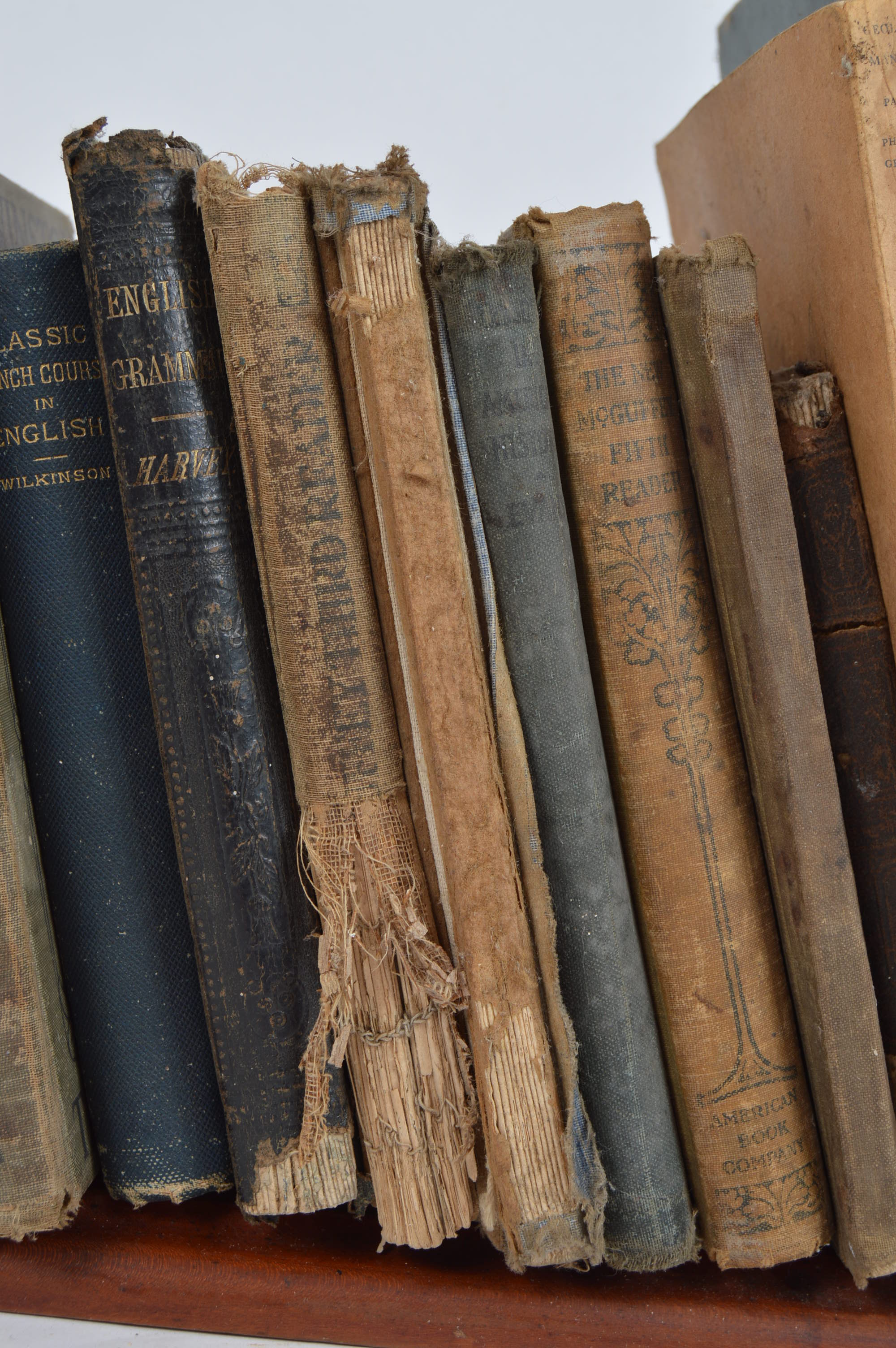 Antique and Vintage Educational Books and Wooden Bookshelf