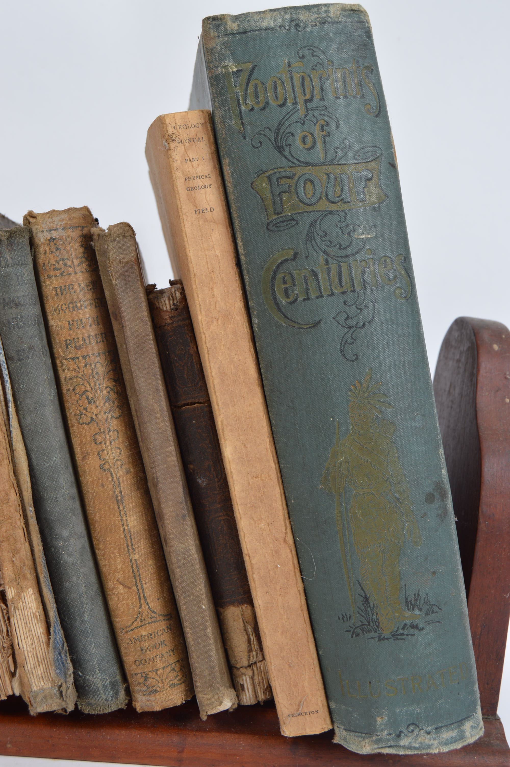 Antique and Vintage Educational Books and Wooden Bookshelf