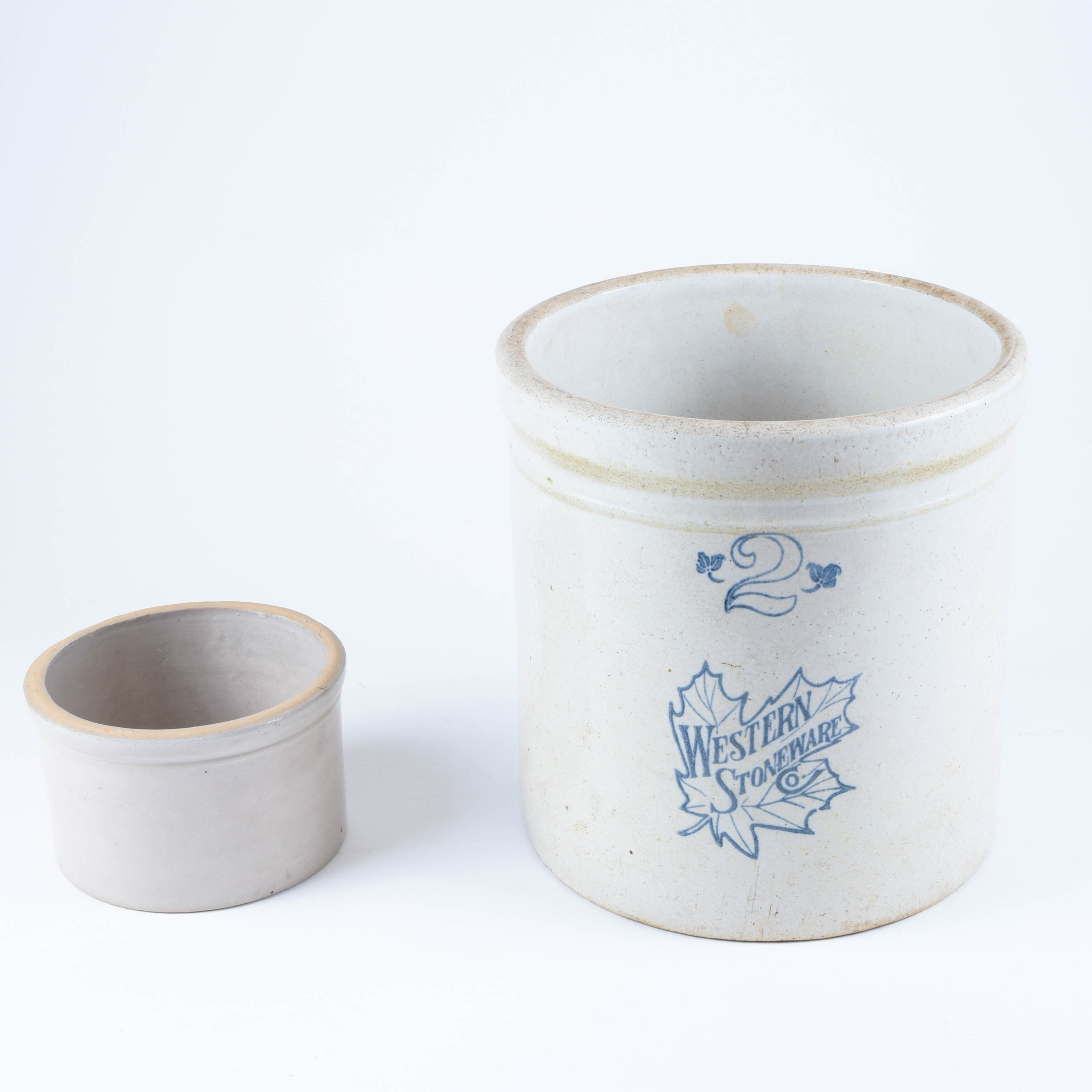Western Stoneware "Maple Leaf" Two Gallon Crock and Smaller Crock
