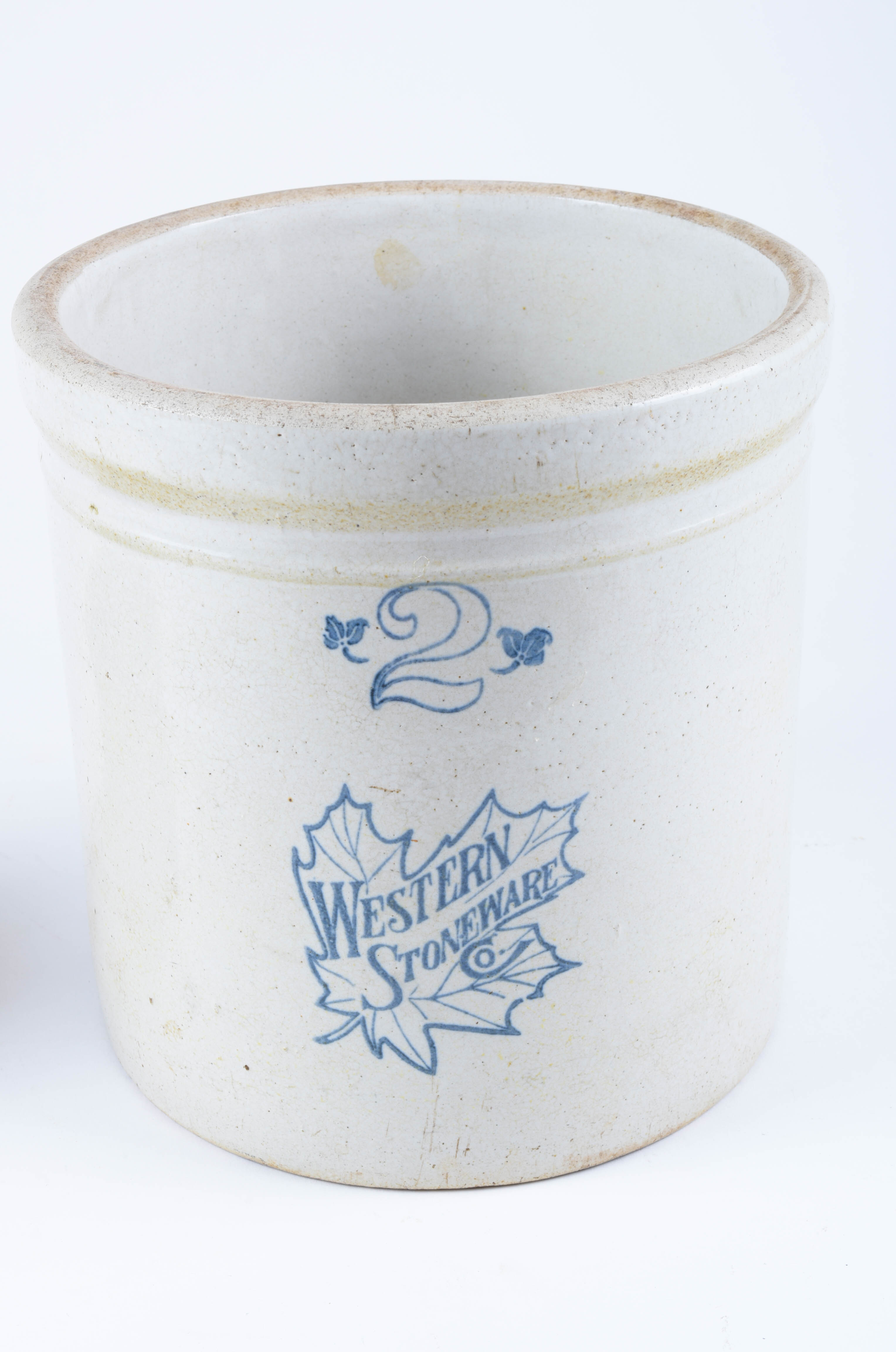 Western Stoneware "Maple Leaf" Two Gallon Crock and Smaller Crock