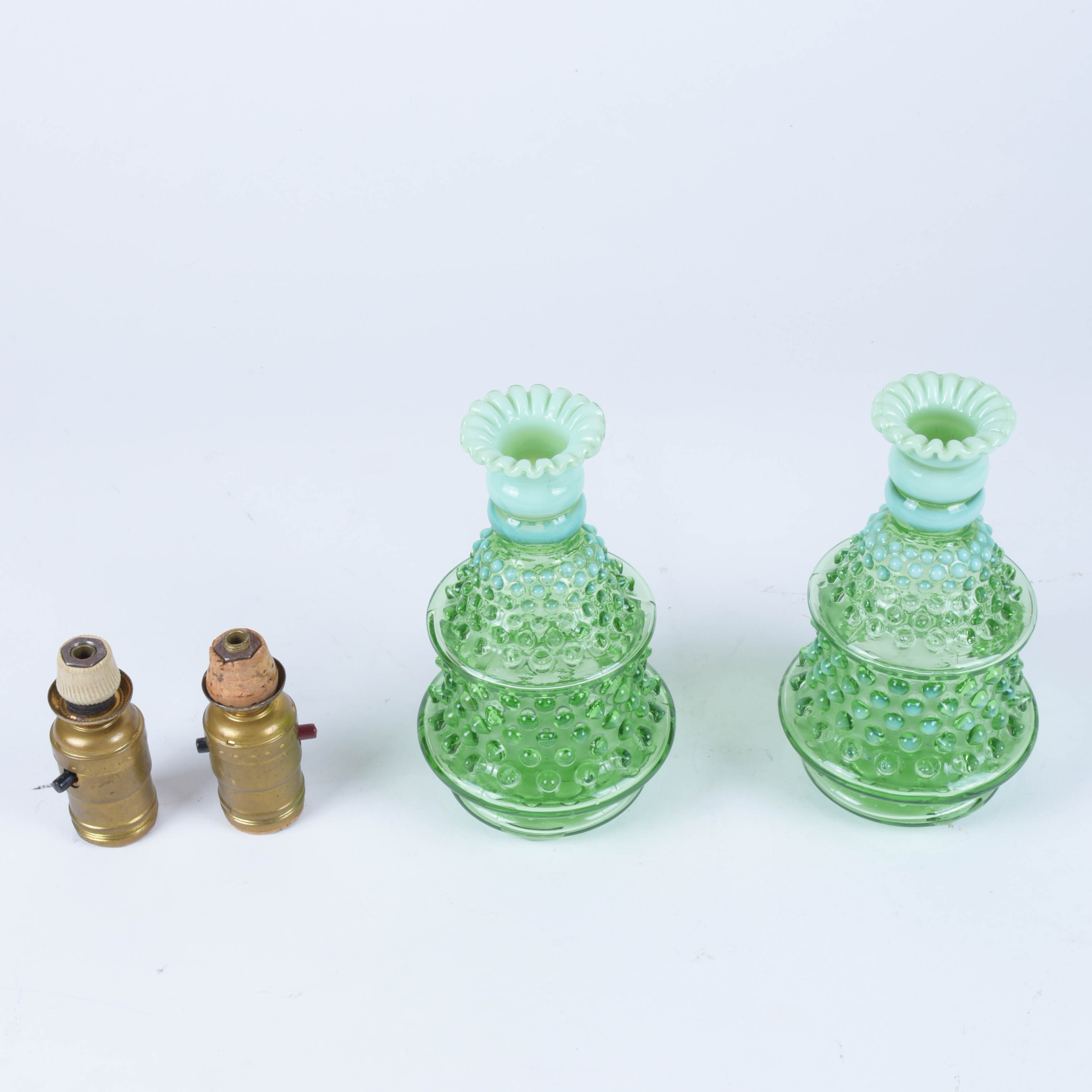 Pair of Green Hobnail Glass Lamp Bases and Parts