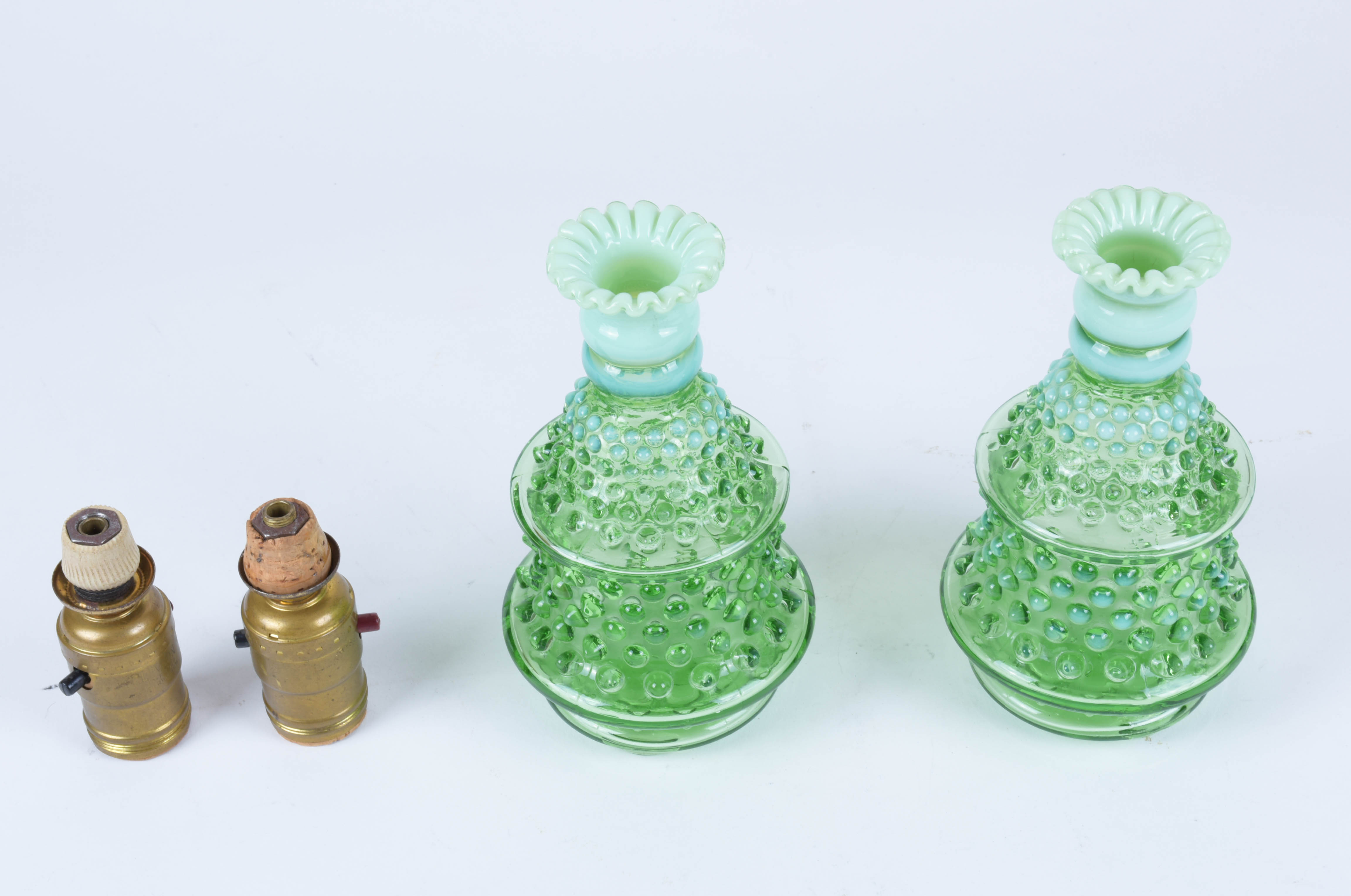 Pair of Green Hobnail Glass Lamp Bases and Parts