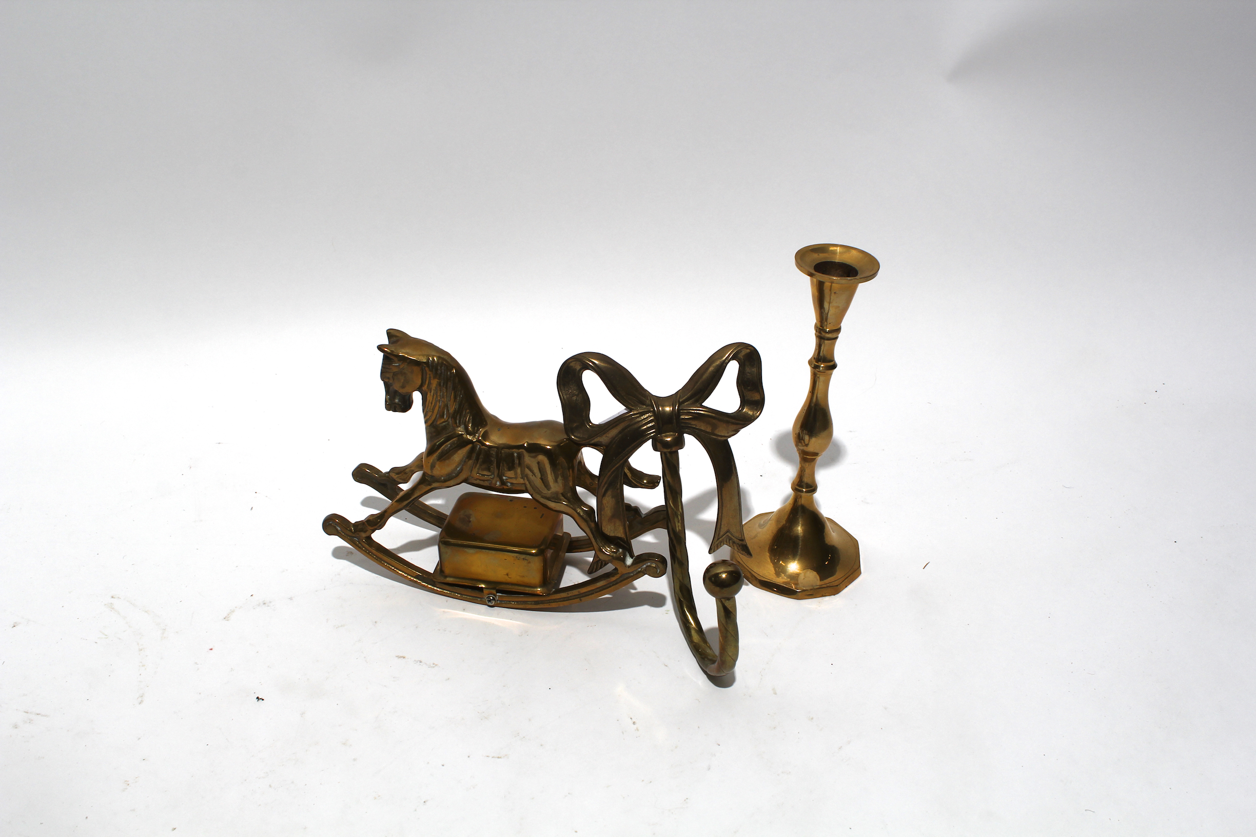 Grouping of Brass Decor with Rocking Horse Music Box