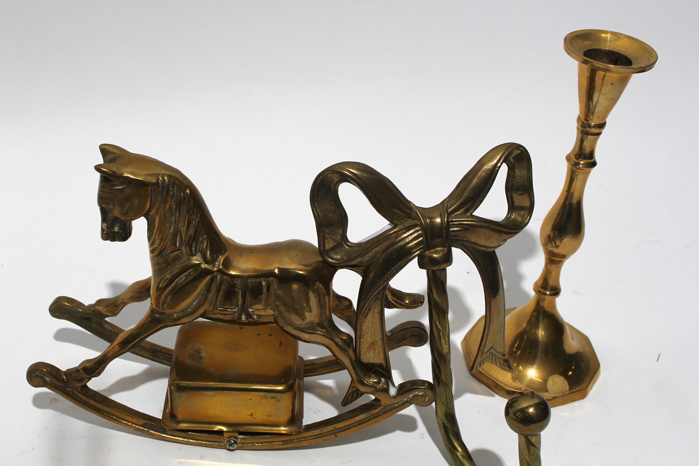Grouping of Brass Decor with Rocking Horse Music Box