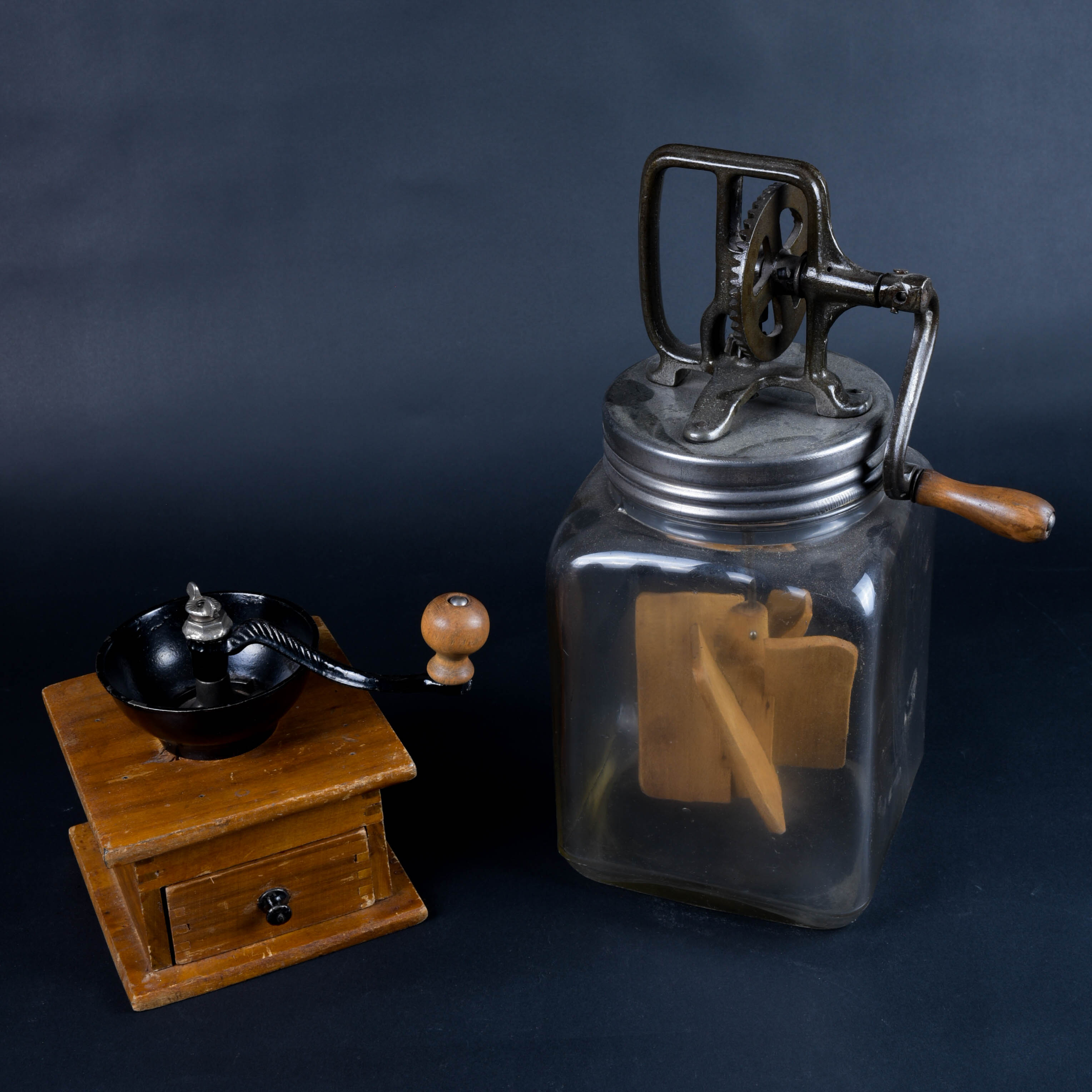 Wooden Coffee Grinder and Hand-Crank Butter Churn