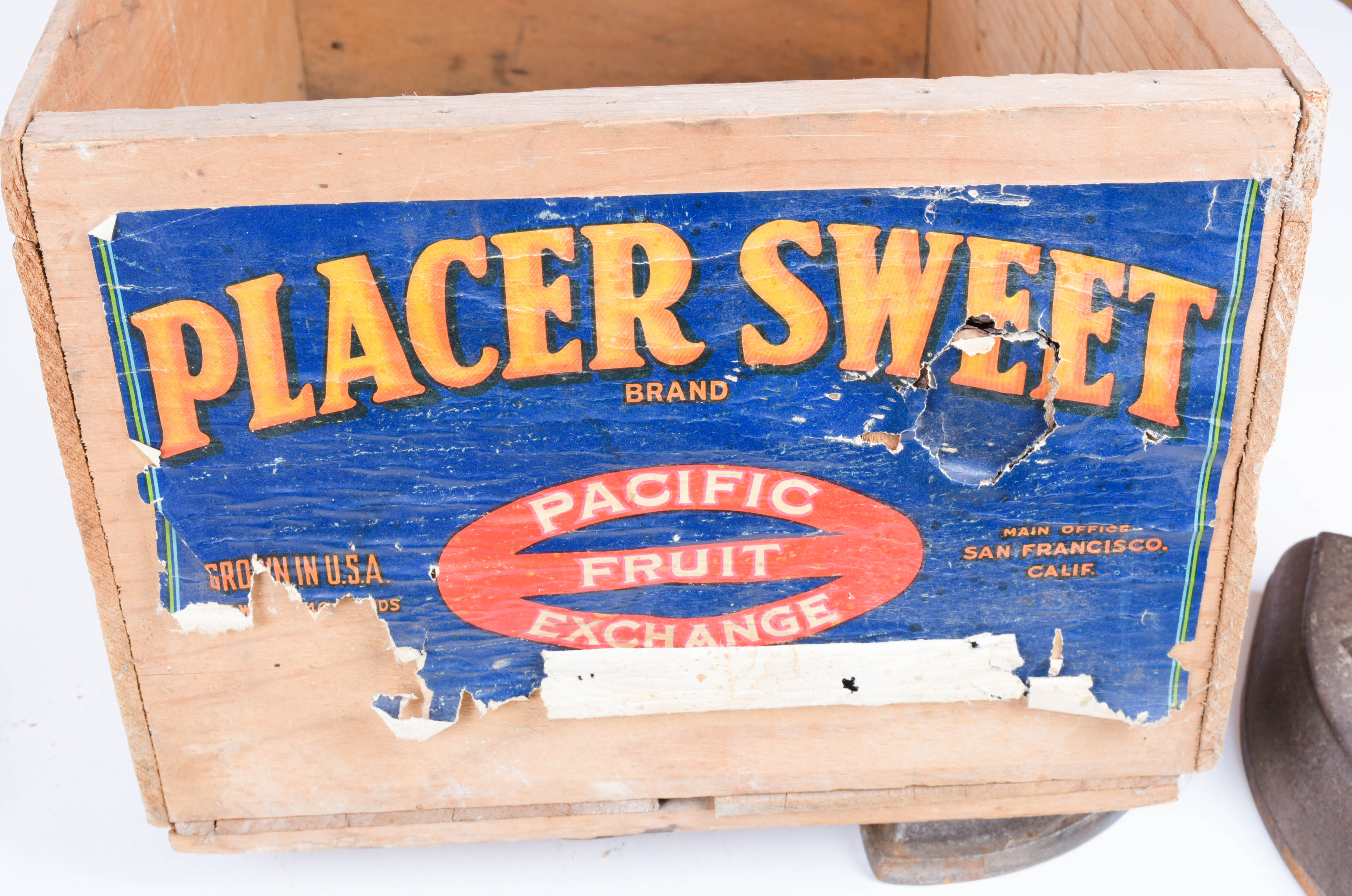 Sad Iron Collection in a Vintage Fruit Crate
