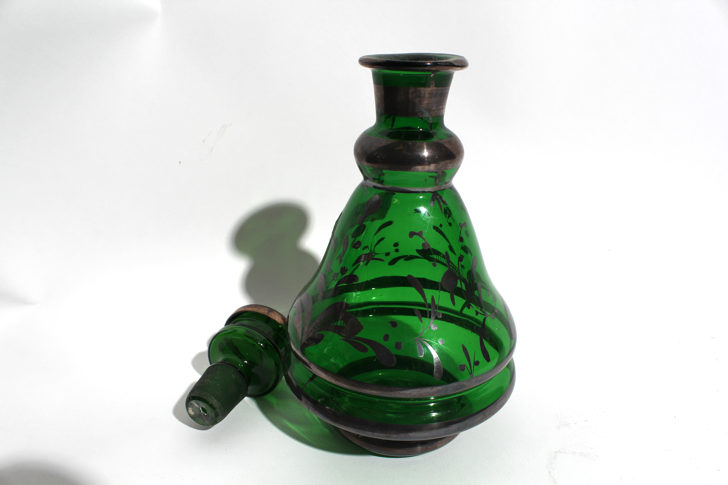 Handpainted Vintage Green Glass Decanter
