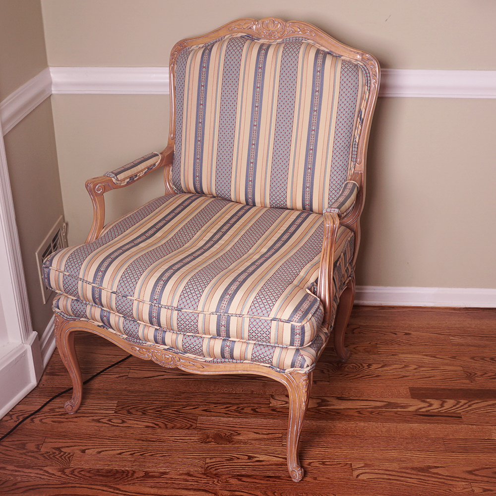 Louis XV Style Fauteuil Armchair with Striped Upholstery
