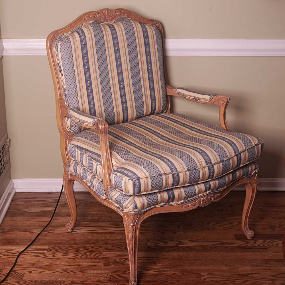 Louis XV Style Fauteuil Armchair with Striped Upholstery