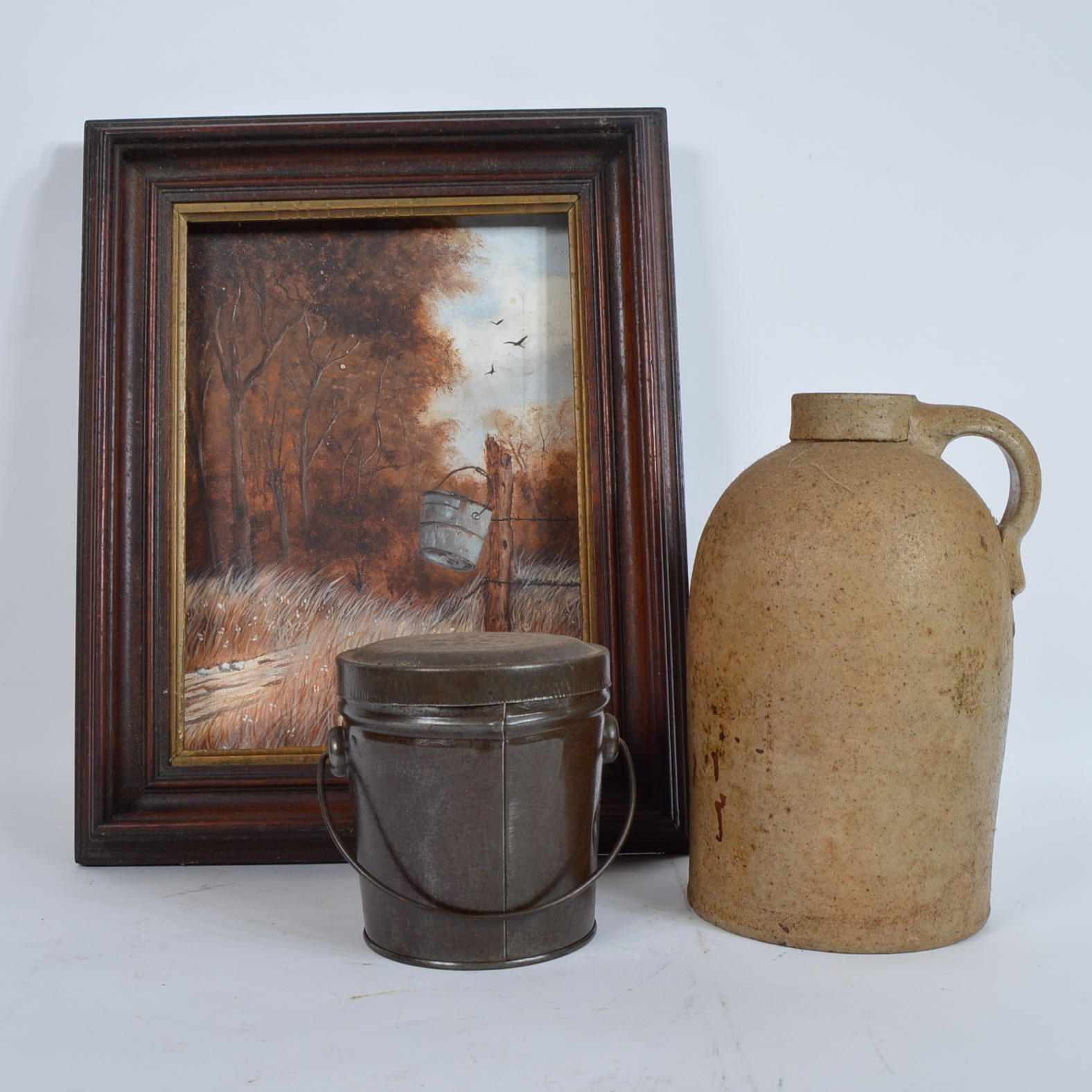 Vintage Earthenware Jug, Framed Acrylic on Canvas Painting and Metal Pail