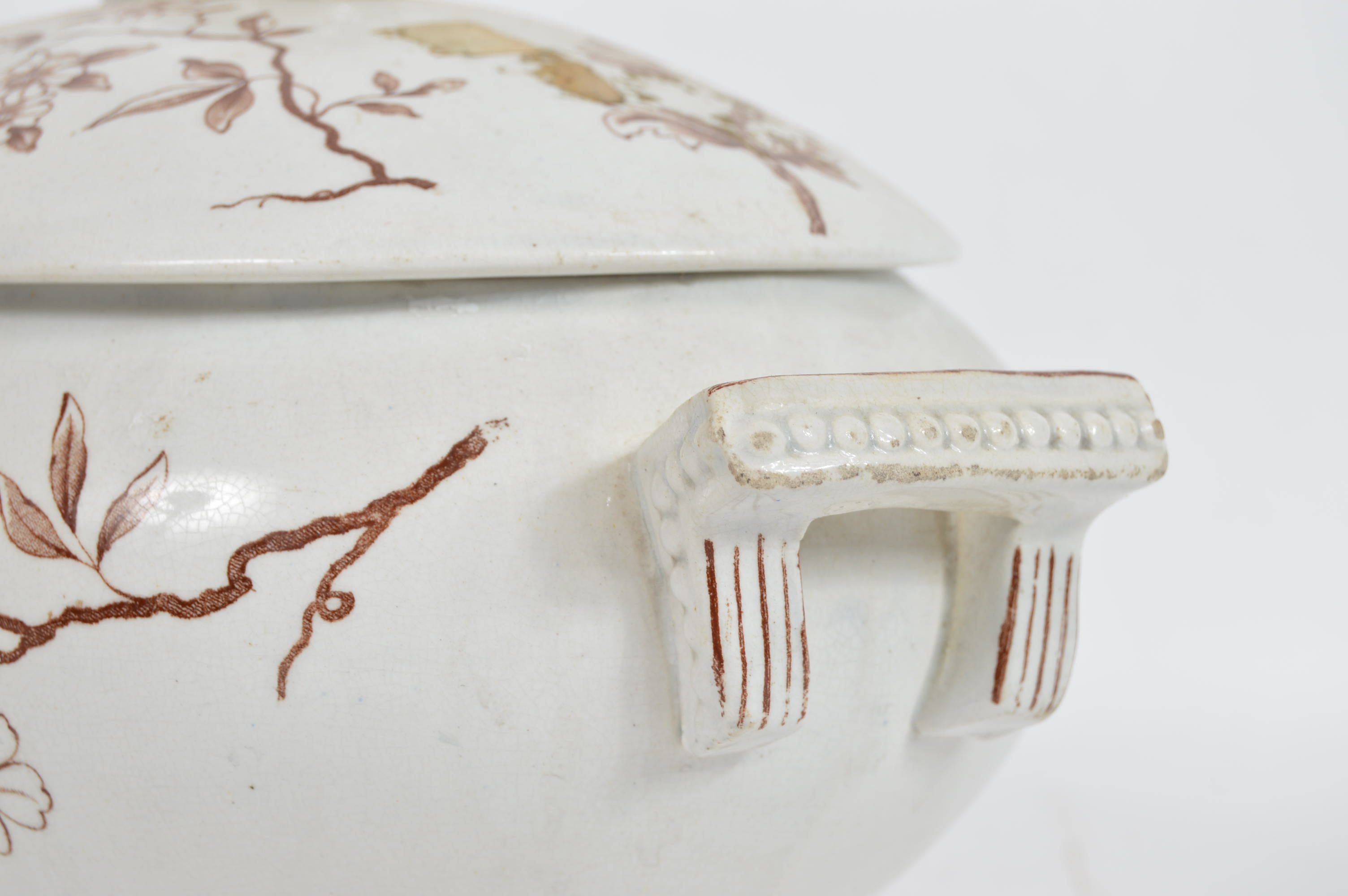 Brown and White Floral Porcelain Covered Dish and Platter