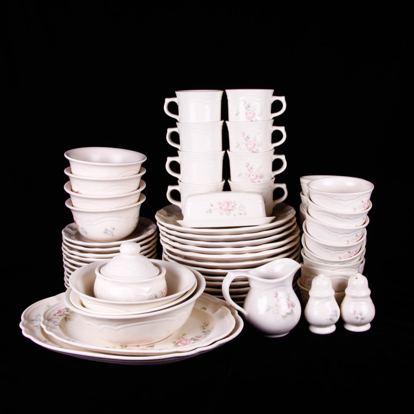 Large Set of Pfaltzgraff Stoneware Dishes in Tea Rose Pattern