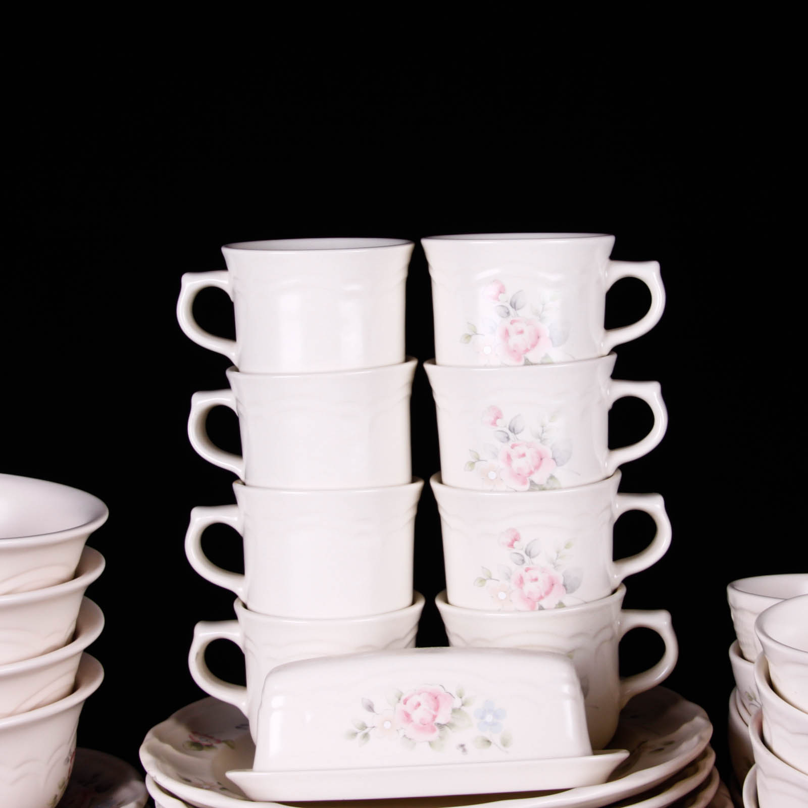 Large Set of Pfaltzgraff Stoneware Dishes in Tea Rose Pattern