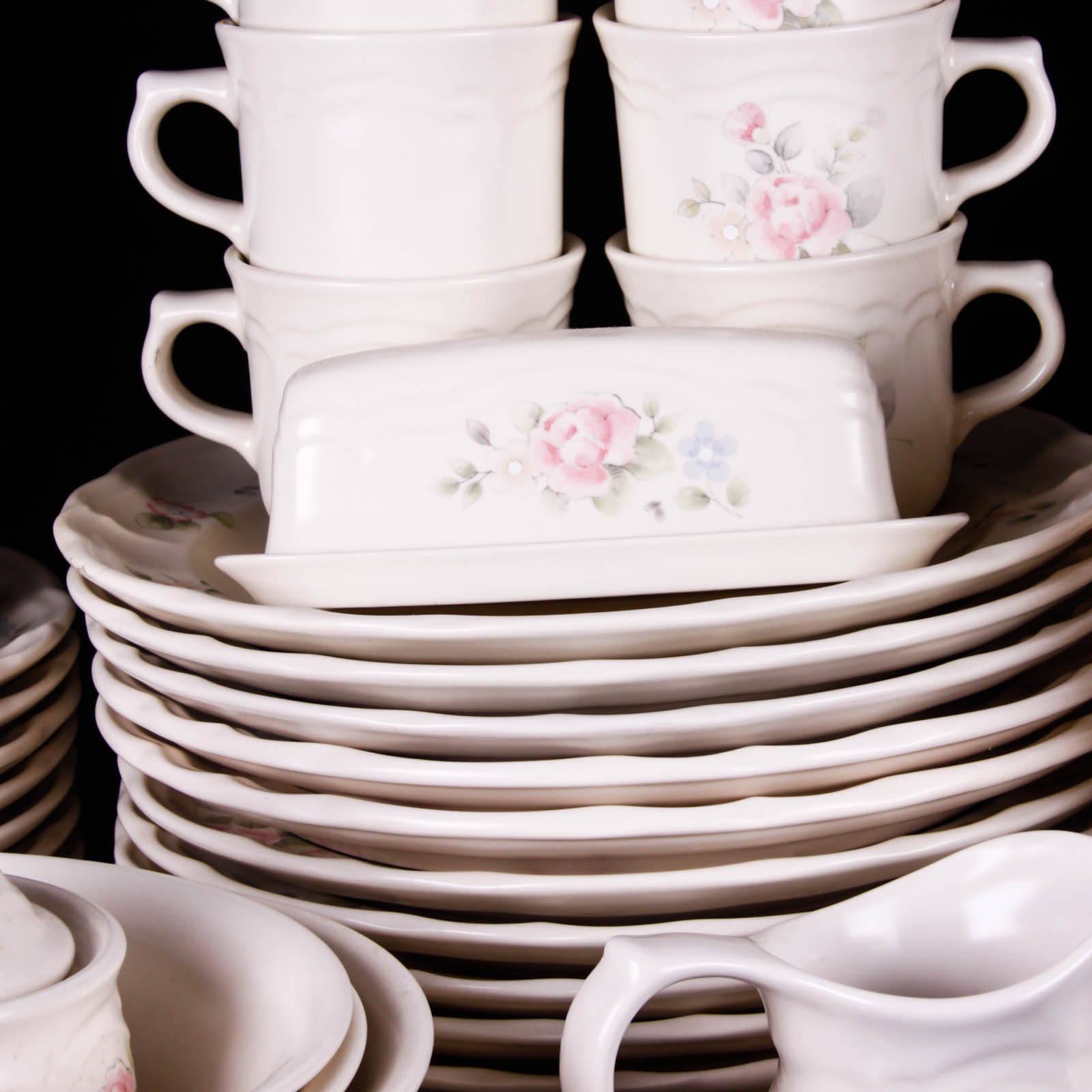 Large Set of Pfaltzgraff Stoneware Dishes in Tea Rose Pattern
