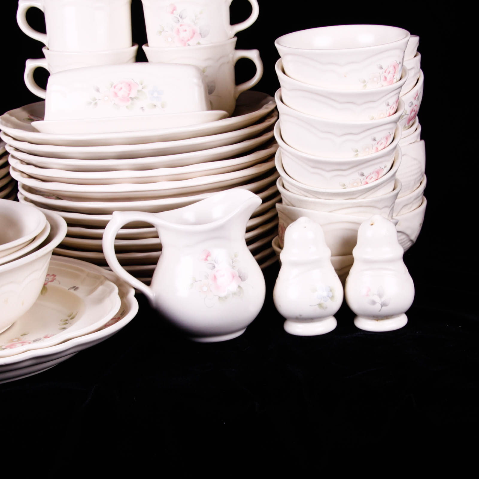 Large Set of Pfaltzgraff Stoneware Dishes in Tea Rose Pattern