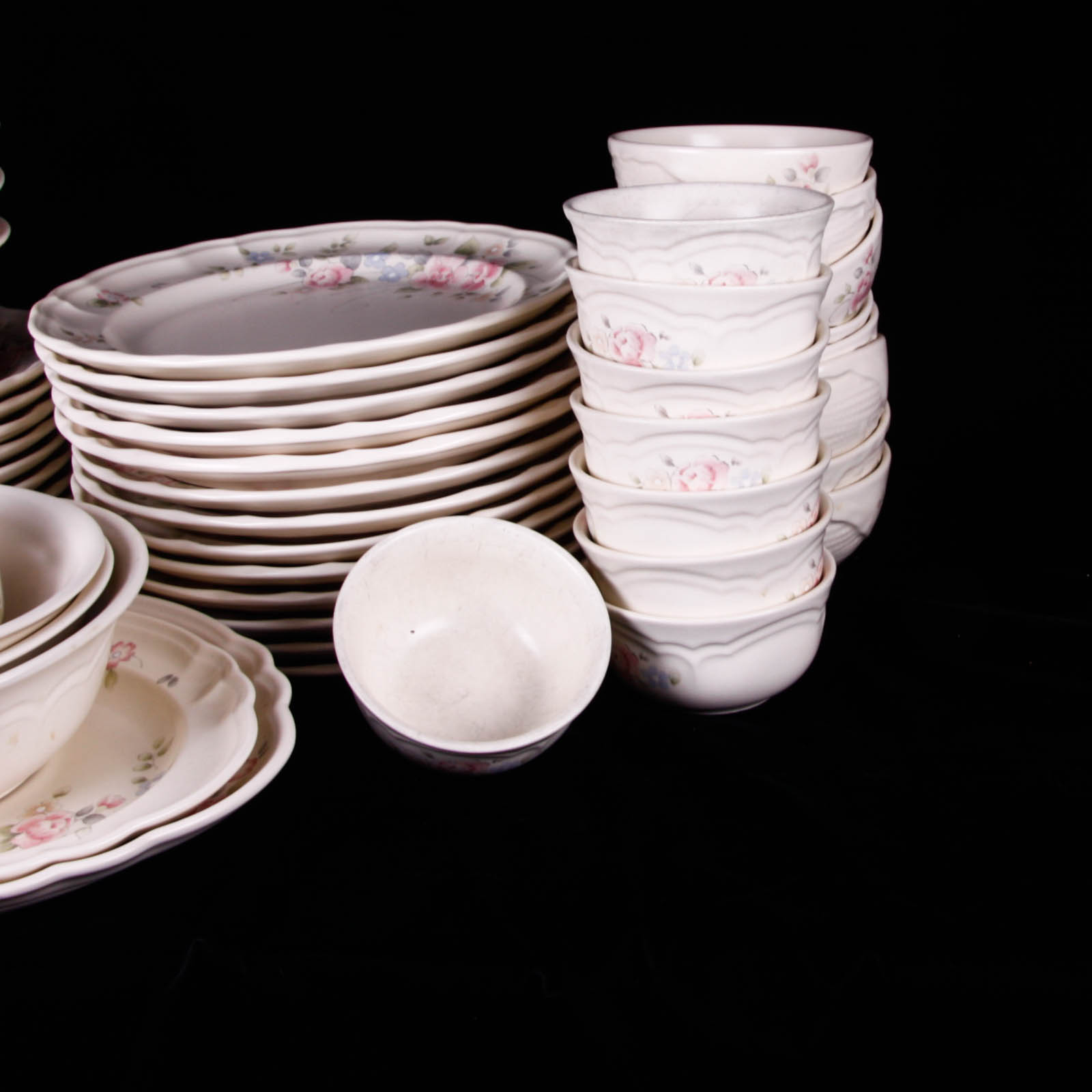 Large Set of Pfaltzgraff Stoneware Dishes in Tea Rose Pattern