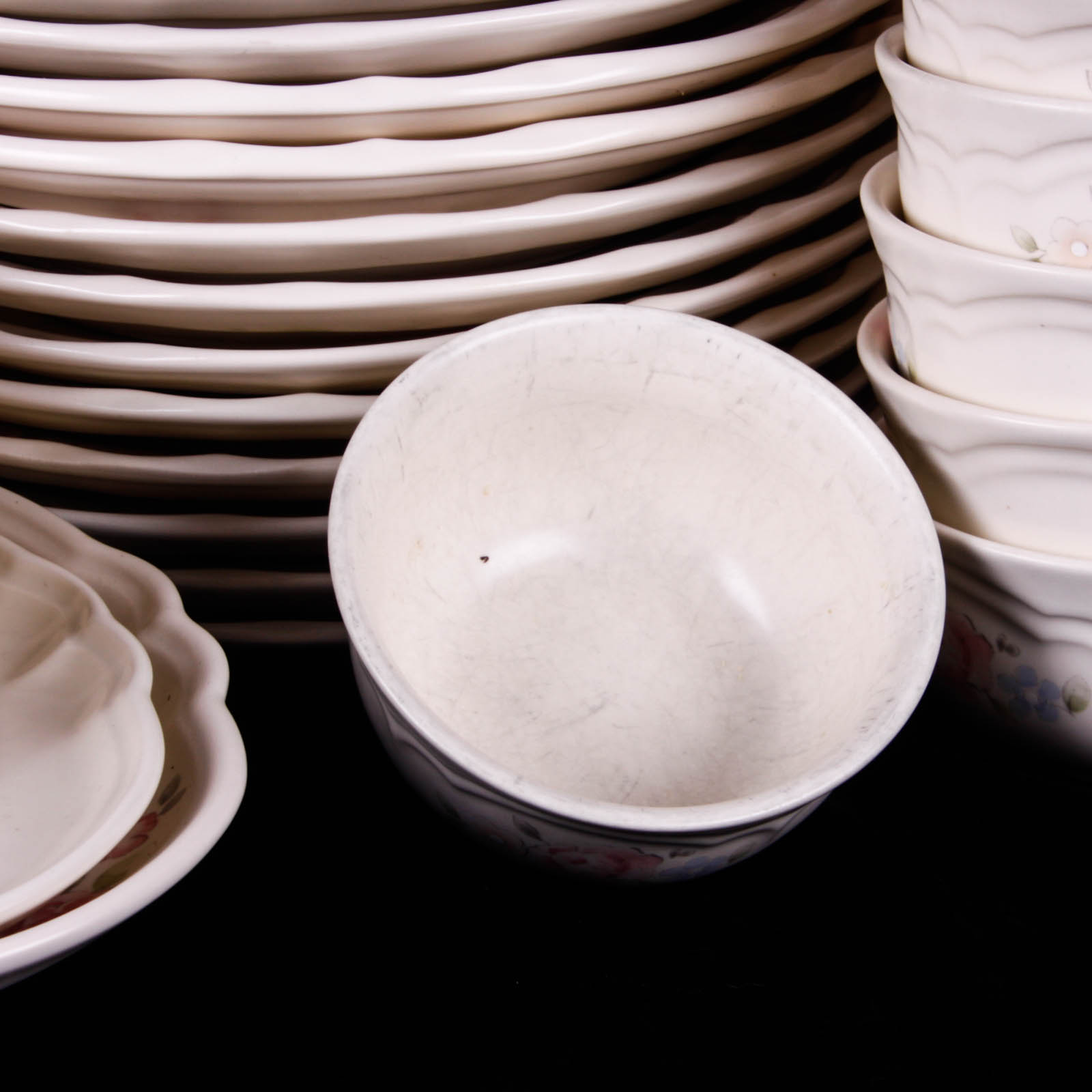 Large Set of Pfaltzgraff Stoneware Dishes in Tea Rose Pattern