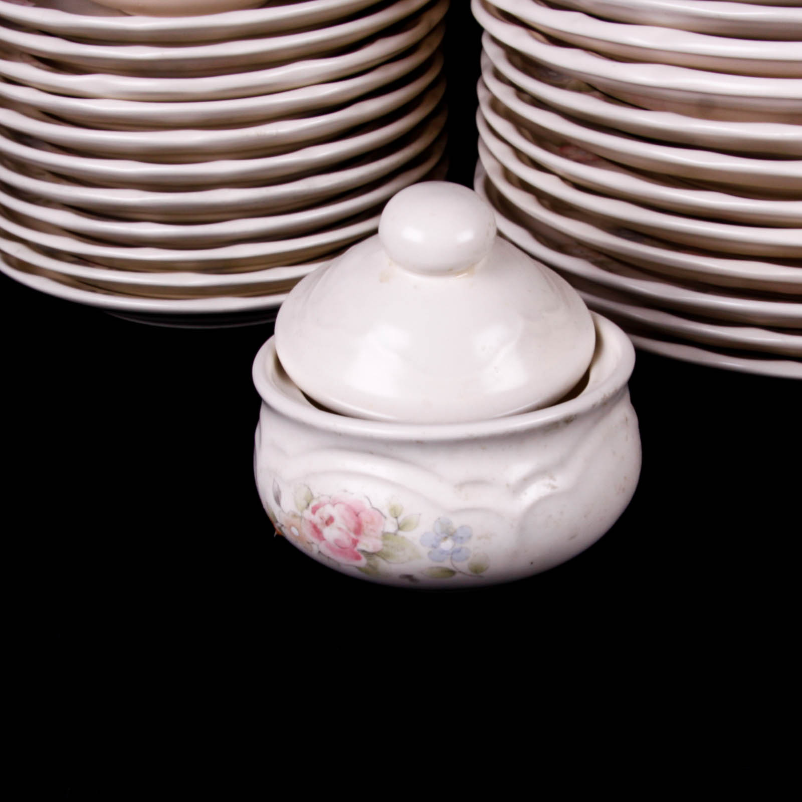 Large Set of Pfaltzgraff Stoneware Dishes in Tea Rose Pattern
