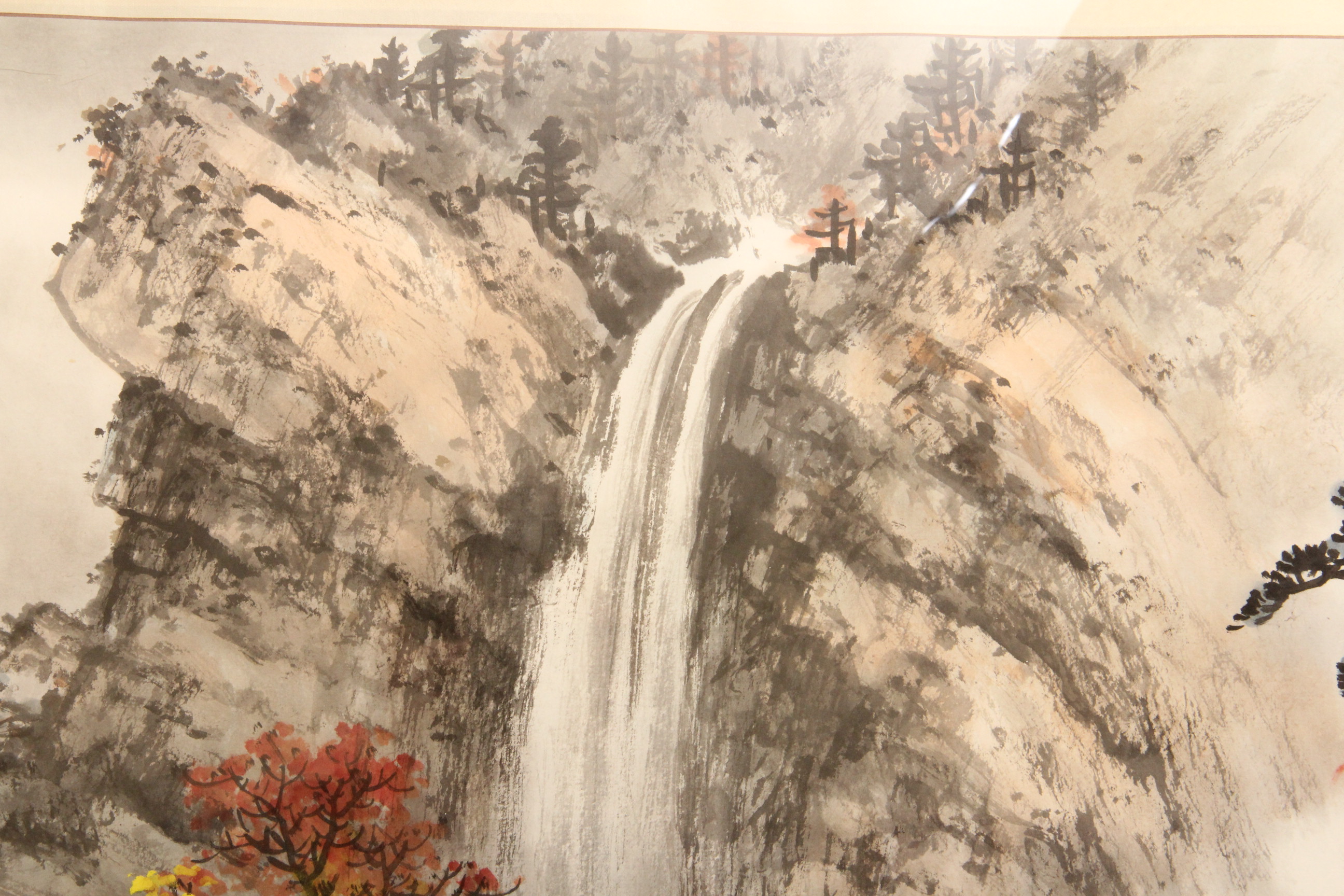 Original Chinese Gouache Painting of Red Gang Mountain by Chang Feng