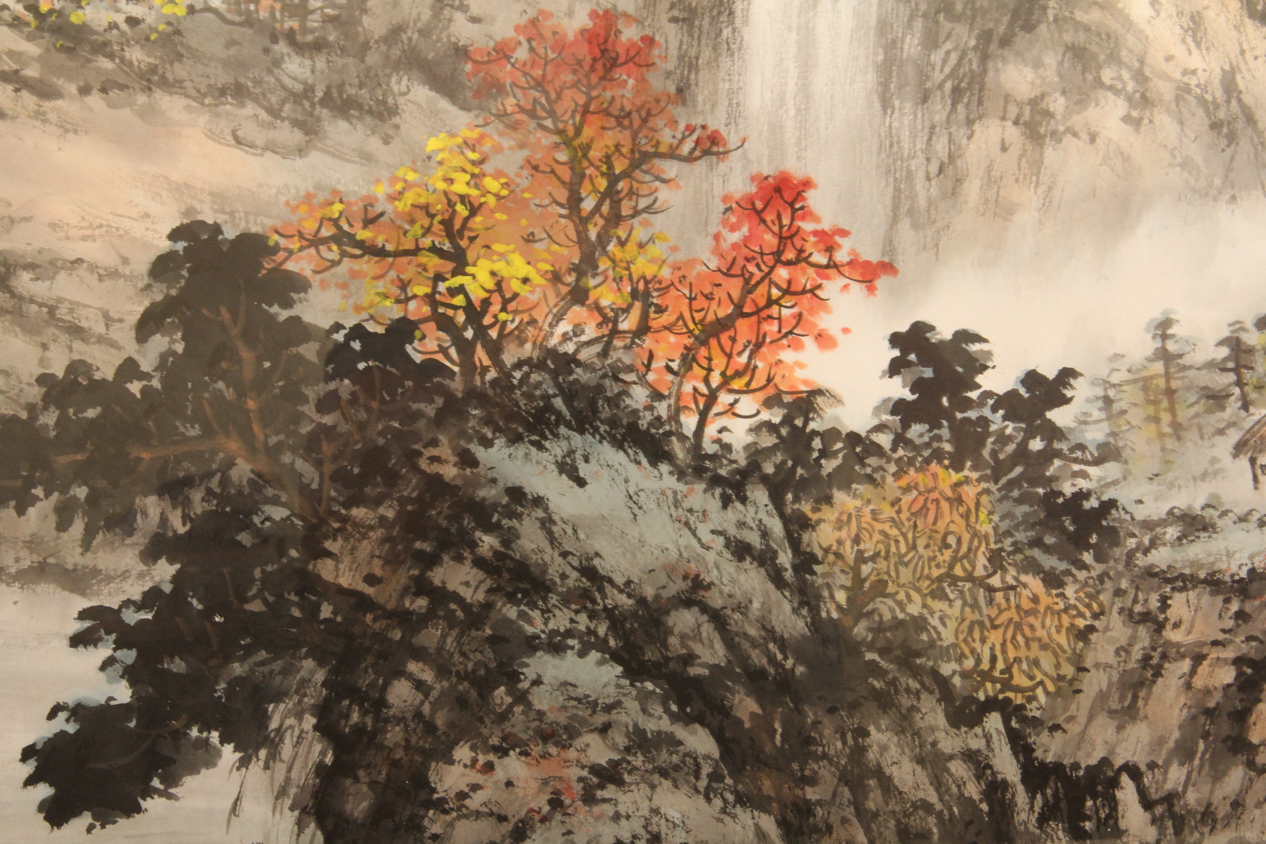 Original Chinese Gouache Painting of Red Gang Mountain by Chang Feng