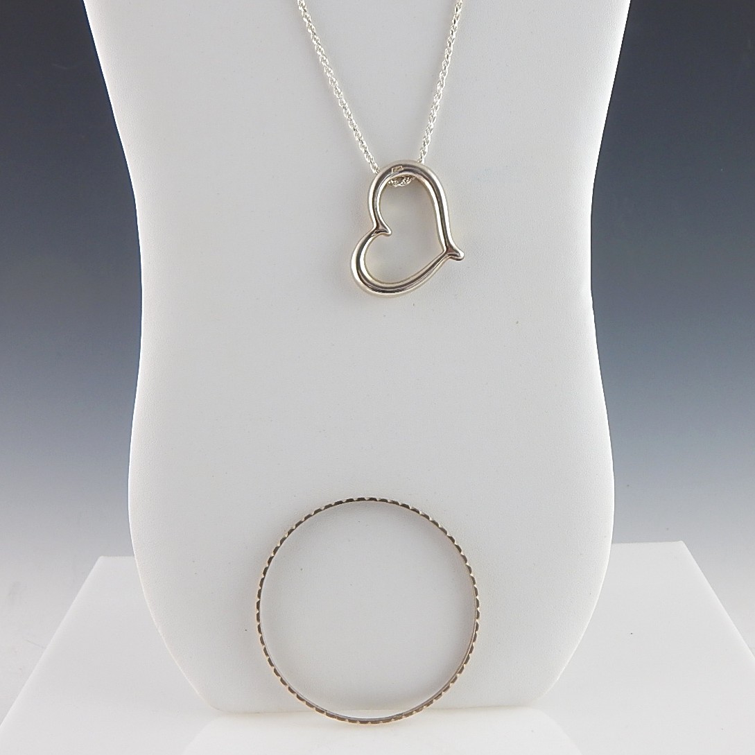 Sterling Silver Heart Pendant and Bangle Bracelet