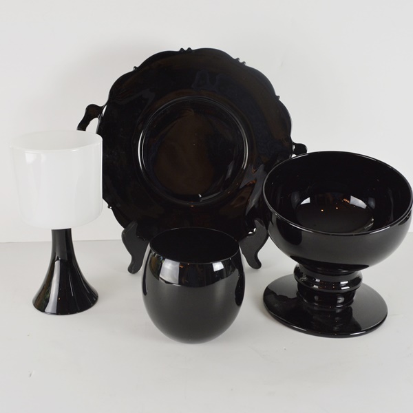 Black Glass Stemmed Candle Holder, Votive Holder, Tray and Candy Dish