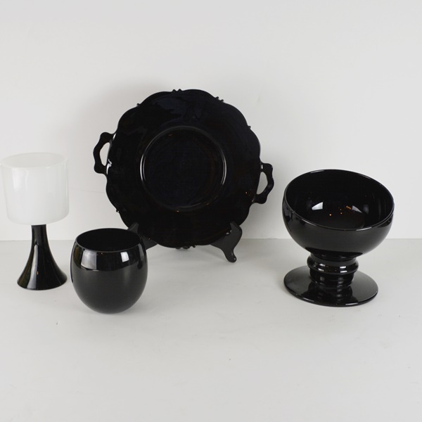 Black Glass Stemmed Candle Holder, Votive Holder, Tray and Candy Dish