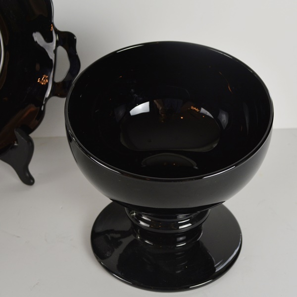 Black Glass Stemmed Candle Holder, Votive Holder, Tray and Candy Dish