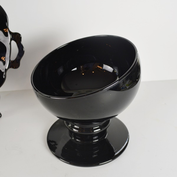 Black Glass Stemmed Candle Holder, Votive Holder, Tray and Candy Dish
