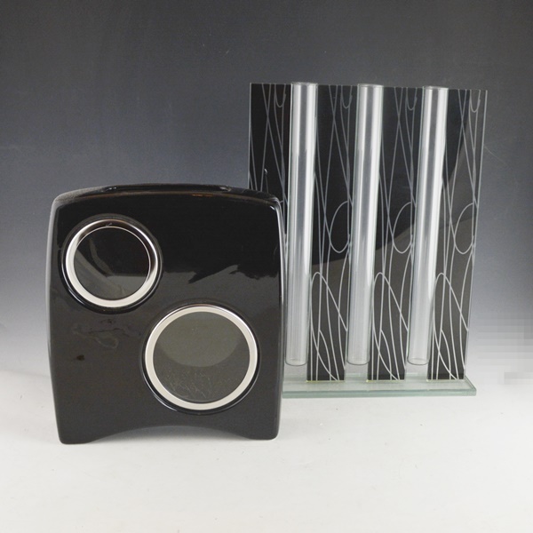 Glass Bud Vase and Black Pottery Vase