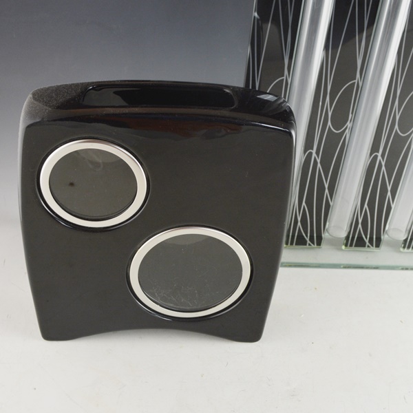 Glass Bud Vase and Black Pottery Vase