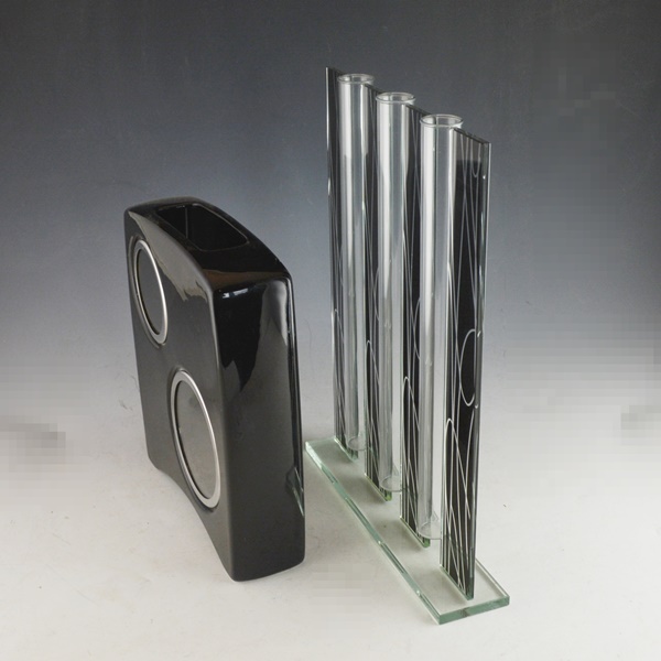 Glass Bud Vase and Black Pottery Vase