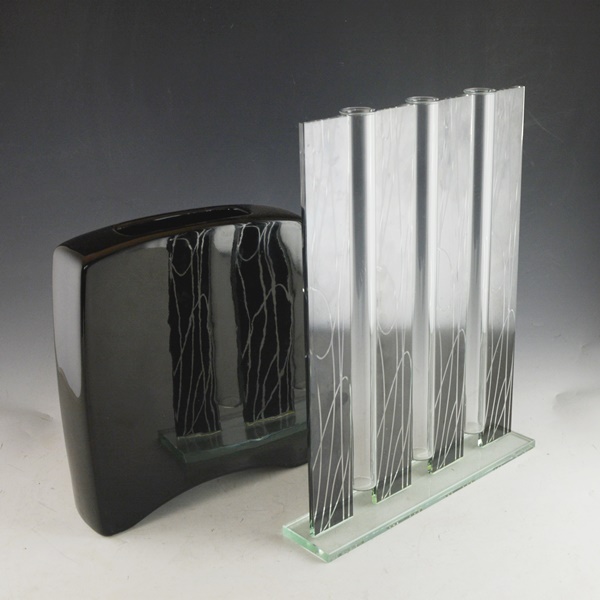 Glass Bud Vase and Black Pottery Vase