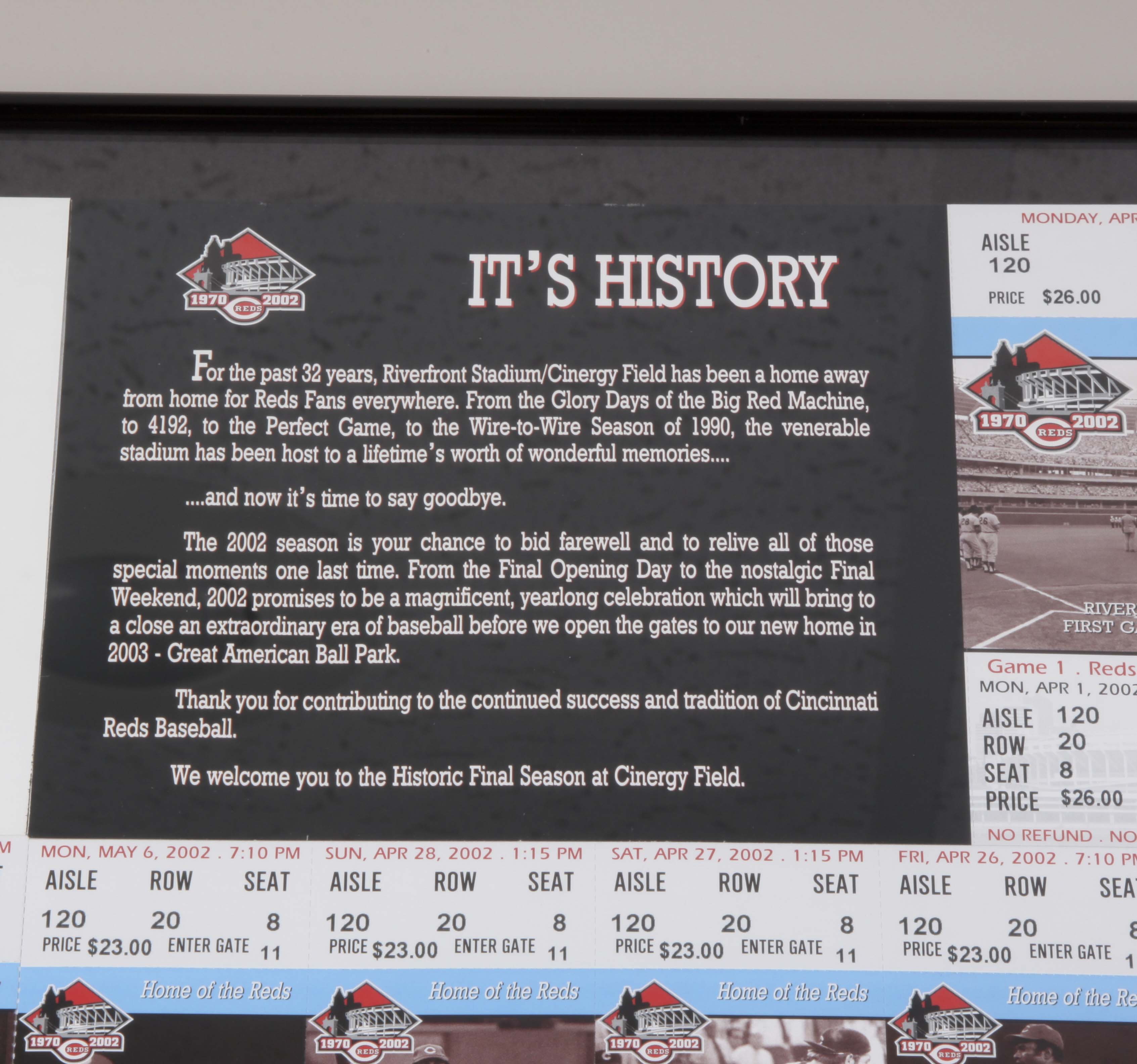 Framed Cincinnati Reds 2002 Season Tickets