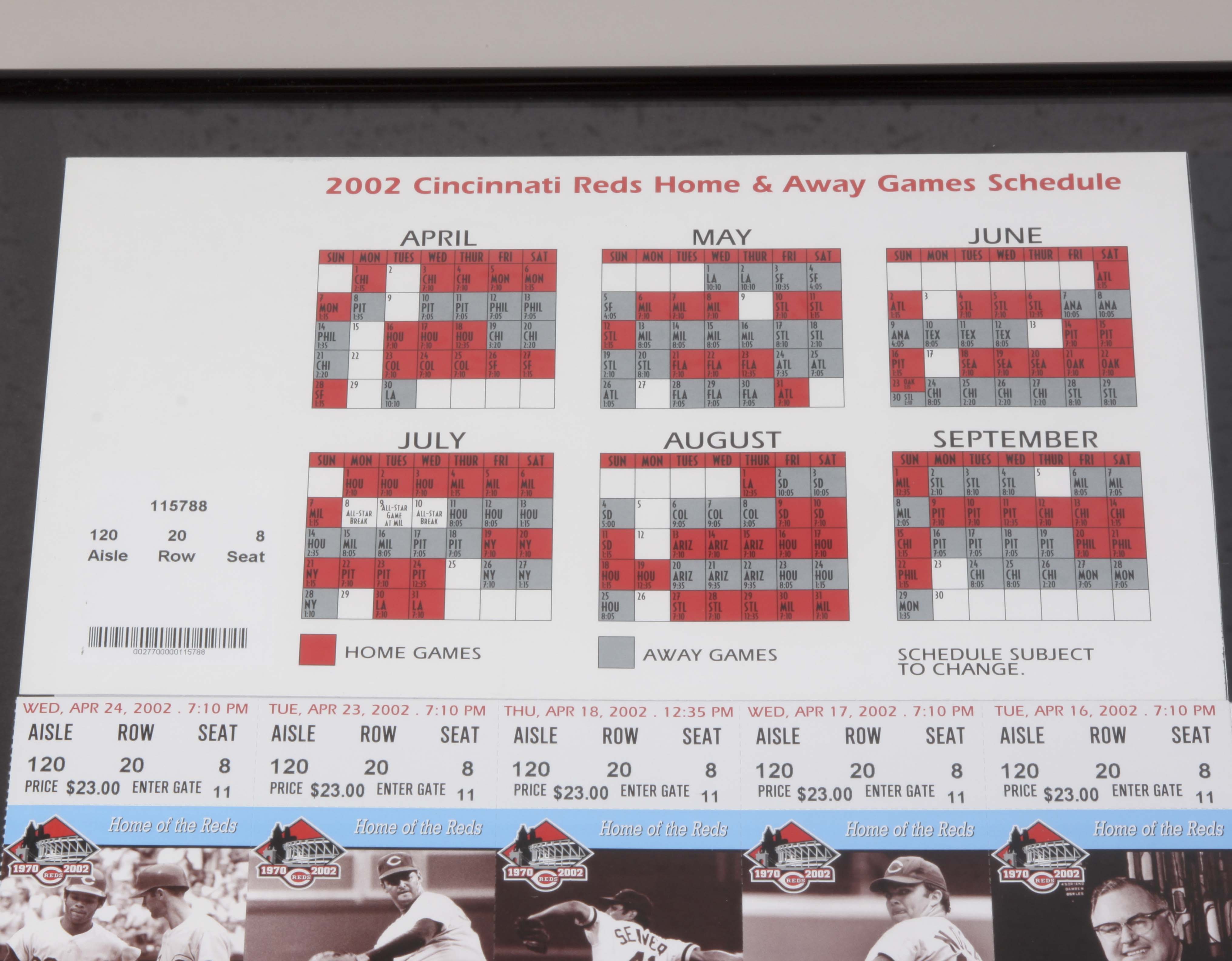 Framed Cincinnati Reds 2002 Season Tickets