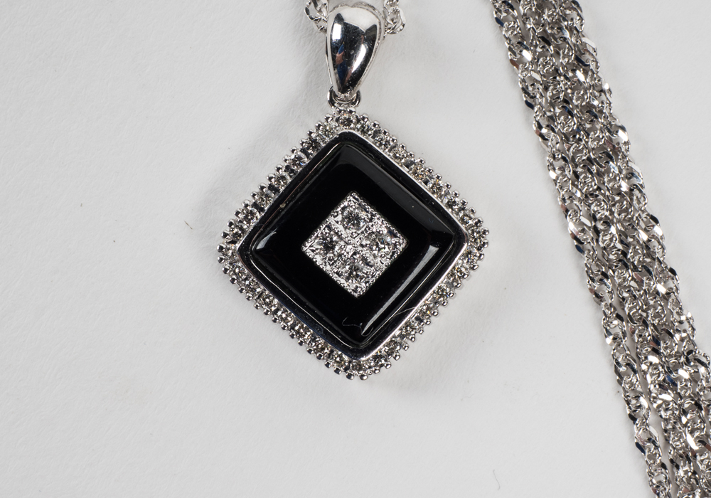 14 Karat White Gold Onyx and Diamond Pendant and Necklace