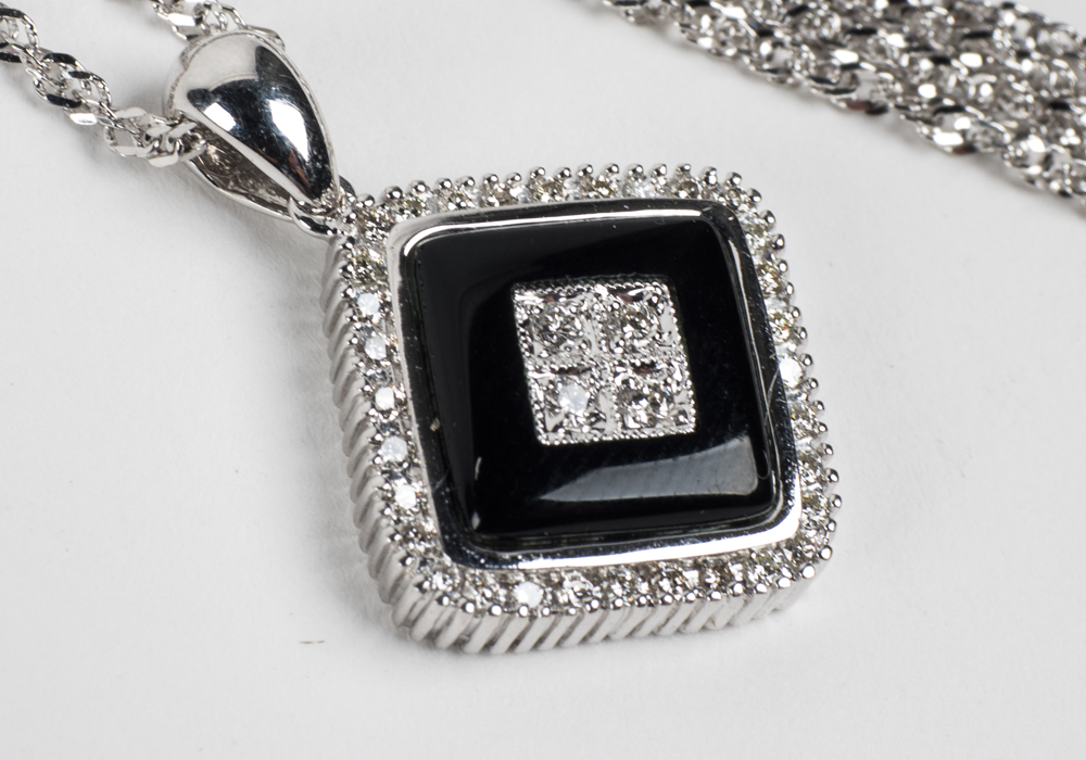 14 Karat White Gold Onyx and Diamond Pendant and Necklace