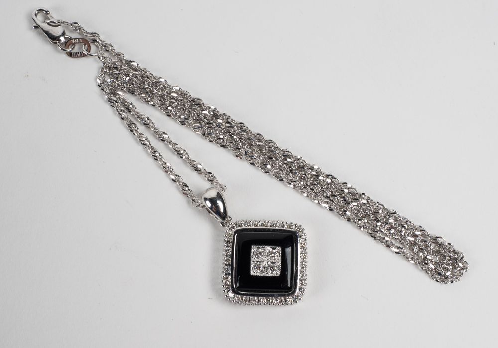14 Karat White Gold Onyx and Diamond Pendant and Necklace