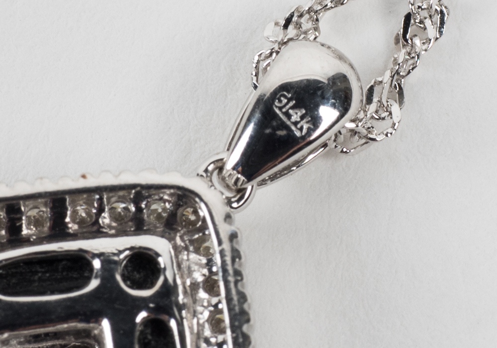 14 Karat White Gold Onyx and Diamond Pendant and Necklace