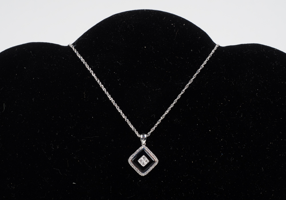 14 Karat White Gold Onyx and Diamond Pendant and Necklace