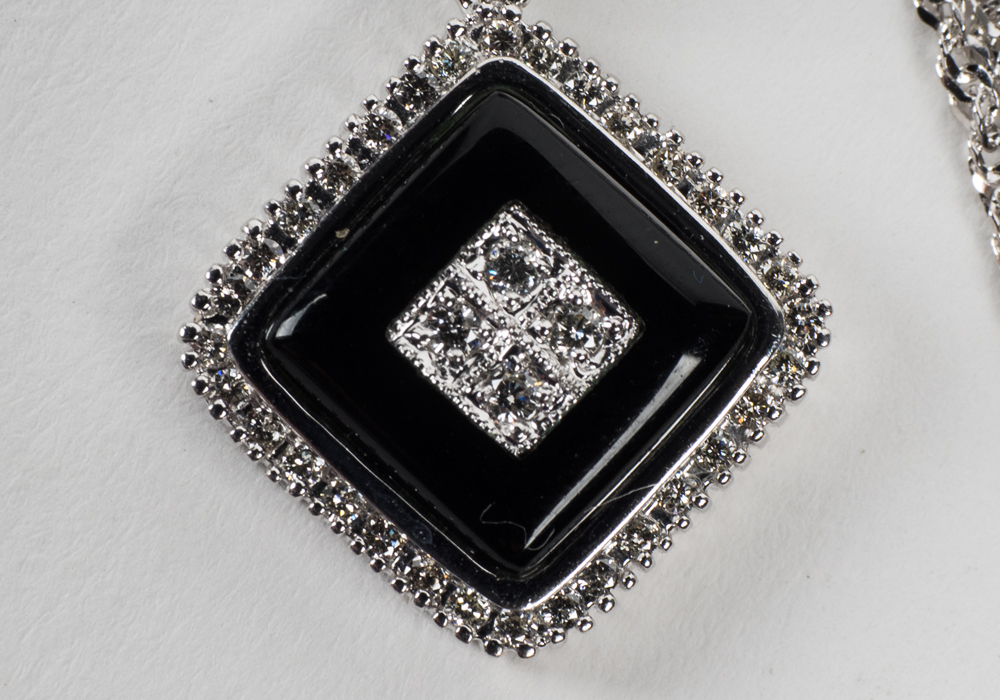 14 Karat White Gold Onyx and Diamond Pendant and Necklace