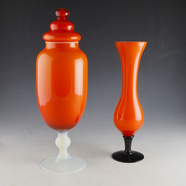 Red Art Glass Apothecary Jar and a Red Art Glass Bud Vase