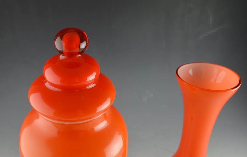 Red Art Glass Apothecary Jar and a Red Art Glass Bud Vase