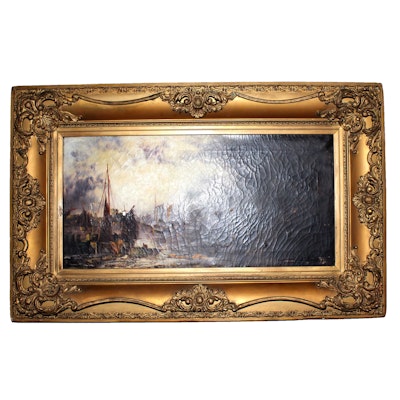 19th Century Painting of Boats in a Harbor 19th Century Painting of Boats in a Harbor