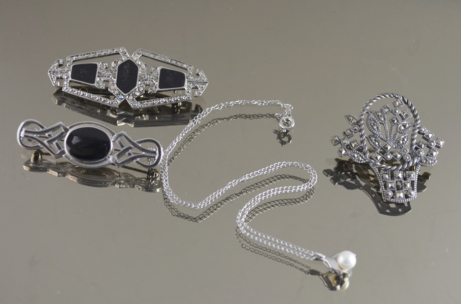 925 Sterling 16" Pearl Necklace and Three Brooches