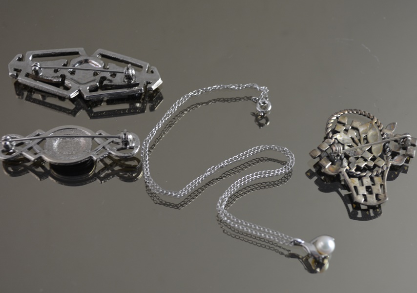 925 Sterling 16" Pearl Necklace and Three Brooches